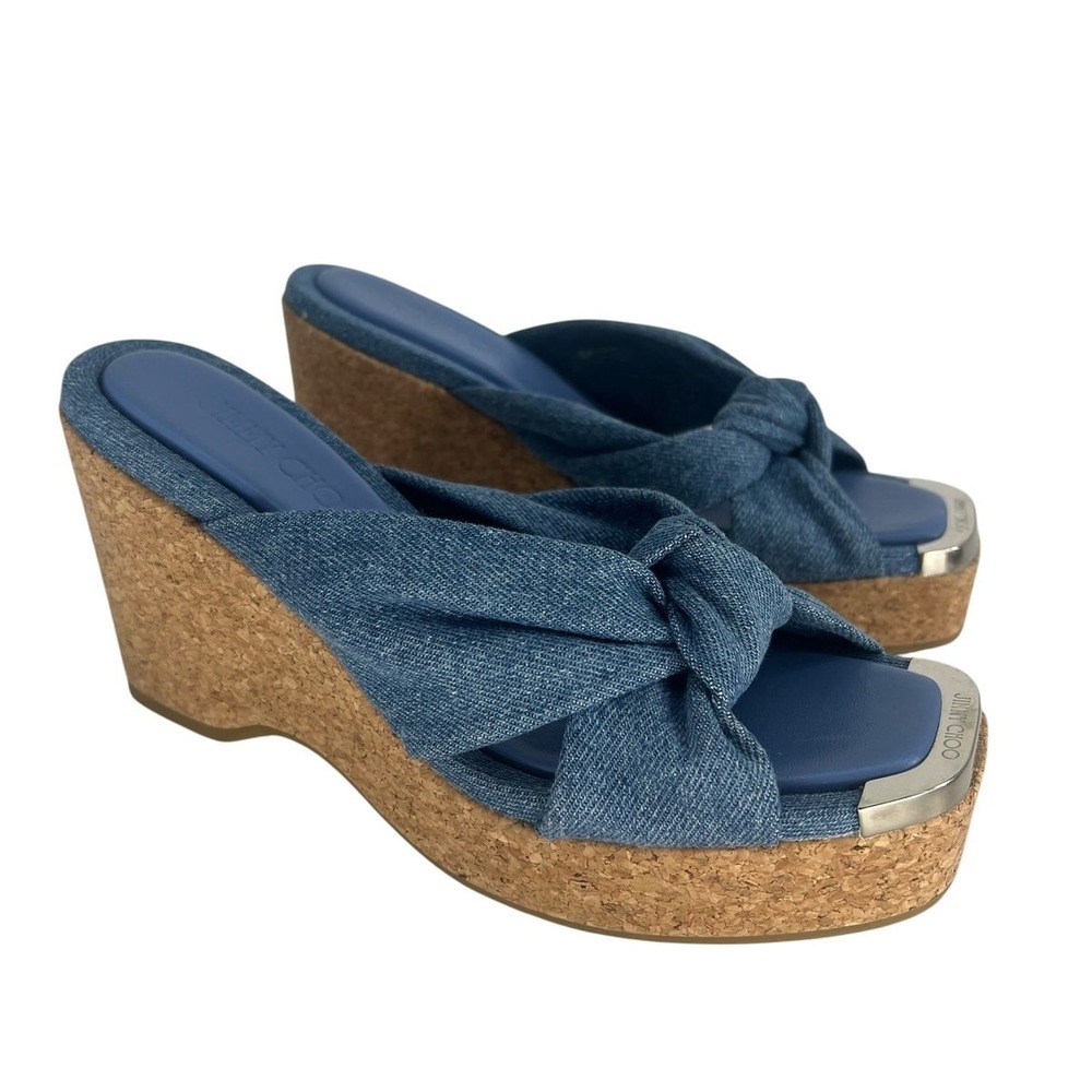 Jimmy Choo Avenue 110 Denim Wedge Sandals Knotted Upper 37 - Picture 8 of 16